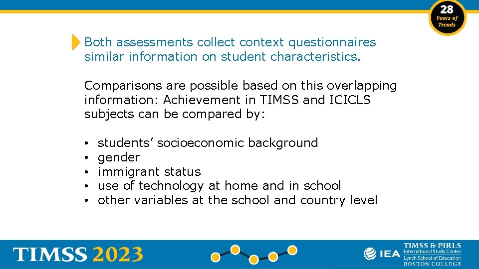 Both assessments collect context questionnaires similar information on student characteristics. Comparisons are possible based