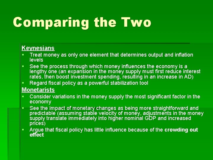 Comparing the Two Keynesians § Treat money as only one element that determines output
