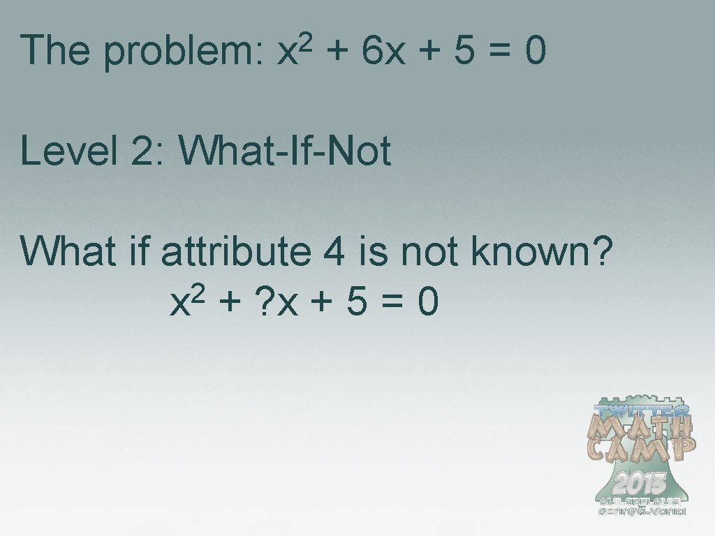 The problem: 2 x + 6 x + 5 = 0 Level 2: What-If-Not