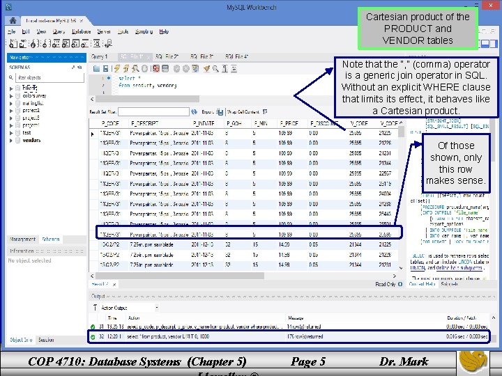 Cartesian product of the PRODUCT and VENDOR tables Note that the “, ” (comma) Cartesian product of the PRODUCT and VENDOR tables Note that the “, ” (comma)