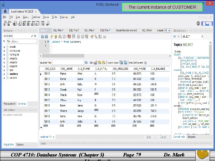 The current instance of CUSTOMER COP 4710: Database Systems (Chapter 5) Page 79 Dr. The current instance of CUSTOMER COP 4710: Database Systems (Chapter 5) Page 79 Dr.