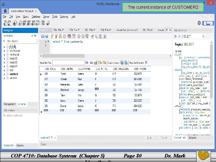 The current instance of CUSTOMER 2 COP 4710: Database Systems (Chapter 5) Page 80