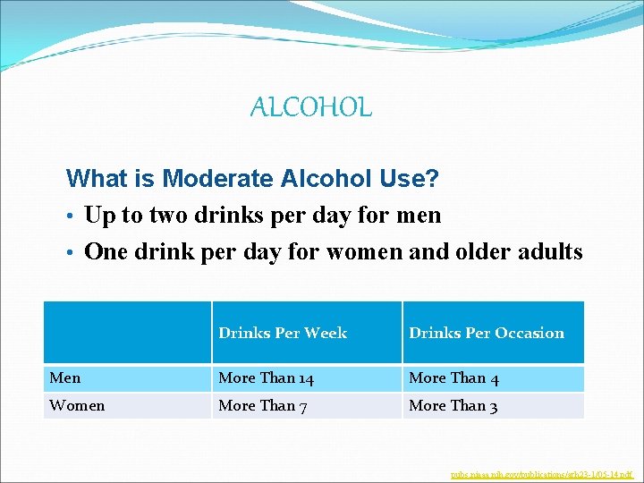ALCOHOL What is Moderate Alcohol Use? • Up to two drinks per day for