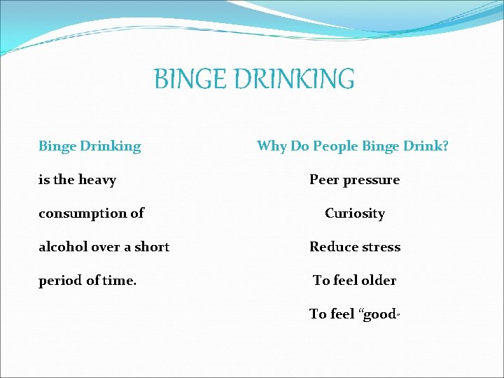 BINGE DRINKING Binge Drinking is the heavy consumption of Why Do People Binge Drink?