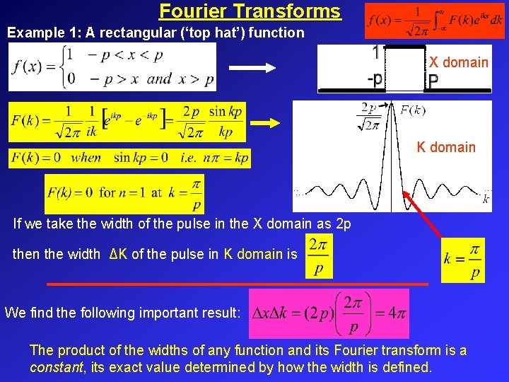 Fourier Transforms Example 1: A rectangular (‘top hat’) function X domain K domain If Fourier Transforms Example 1: A rectangular (‘top hat’) function X domain K domain If