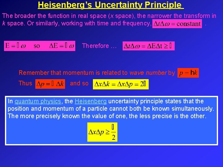 Heisenberg’s Uncertainty Principle The broader the function in real space (x space), the narrower Heisenberg’s Uncertainty Principle The broader the function in real space (x space), the narrower