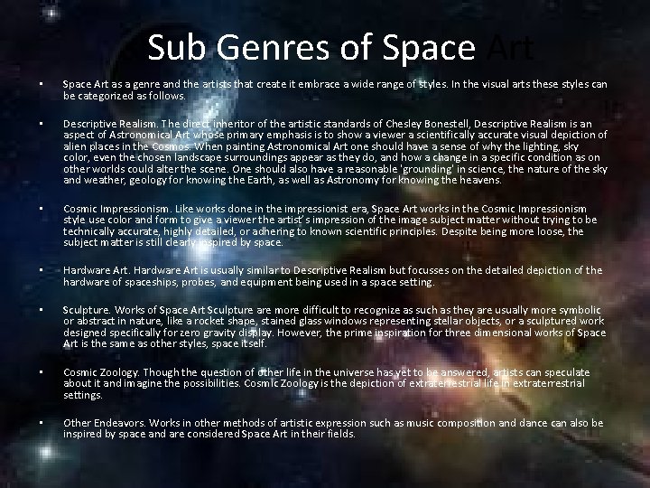 Sub Genres of Space Art • Space Art as a genre and the artists