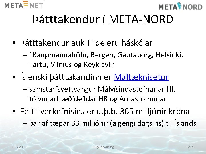 Þátttakendur í META-NORD • Þátttakendur auk Tilde eru háskólar – í Kaupmannahöfn, Bergen, Gautaborg,