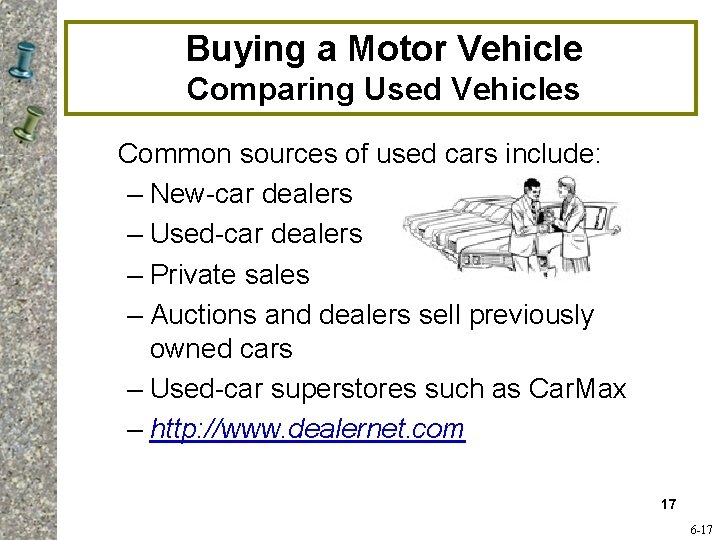 Buying a Motor Vehicle Comparing Used Vehicles Common sources of used cars include: –
