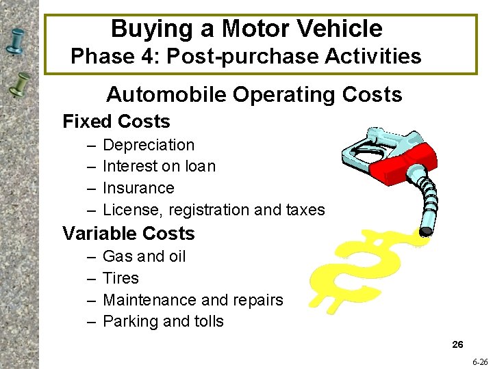 Buying a Motor Vehicle Phase 4: Post-purchase Activities Automobile Operating Costs Fixed Costs –