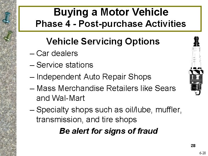 Buying a Motor Vehicle Phase 4 - Post-purchase Activities Vehicle Servicing Options – Car