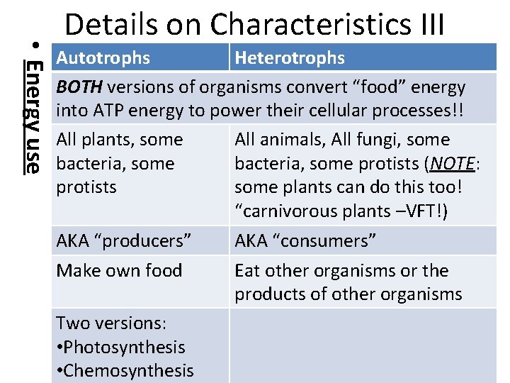  • Energy use Details on Characteristics III Autotrophs Heterotrophs BOTH versions of organisms