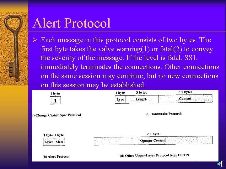 Alert Protocol Ø Each message in this protocol consists of two bytes. The first