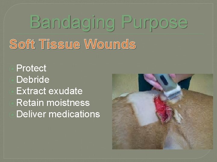 Bandaging Purpose Soft Tissue Wounds ⦿Protect ⦿Debride ⦿Extract exudate ⦿Retain moistness ⦿Deliver medications 