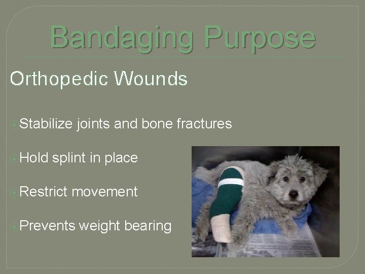 Bandaging Purpose Orthopedic Wounds ⦿Stabilize ⦿Hold joints and bone fractures splint in place ⦿Restrict
