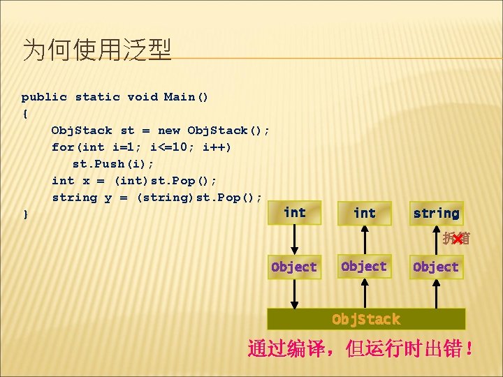 为何使用泛型 public static void Main() { Obj. Stack st = new Obj. Stack(); for(int