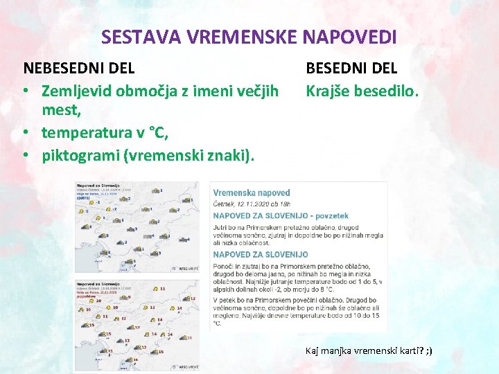 SESTAVA VREMENSKE NAPOVEDI NEBESEDNI DEL • Zemljevid območja z imeni večjih mest, • temperatura