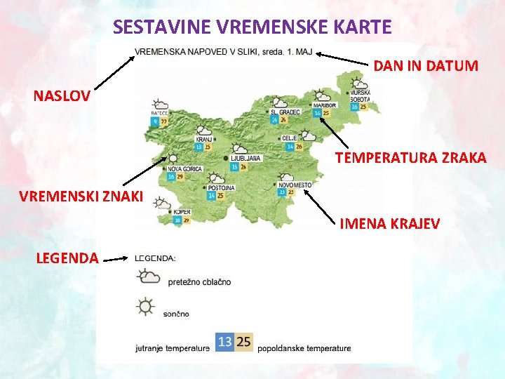 SESTAVINE VREMENSKE KARTE DAN IN DATUM NASLOV TEMPERATURA ZRAKA VREMENSKI ZNAKI IMENA KRAJEV LEGENDA