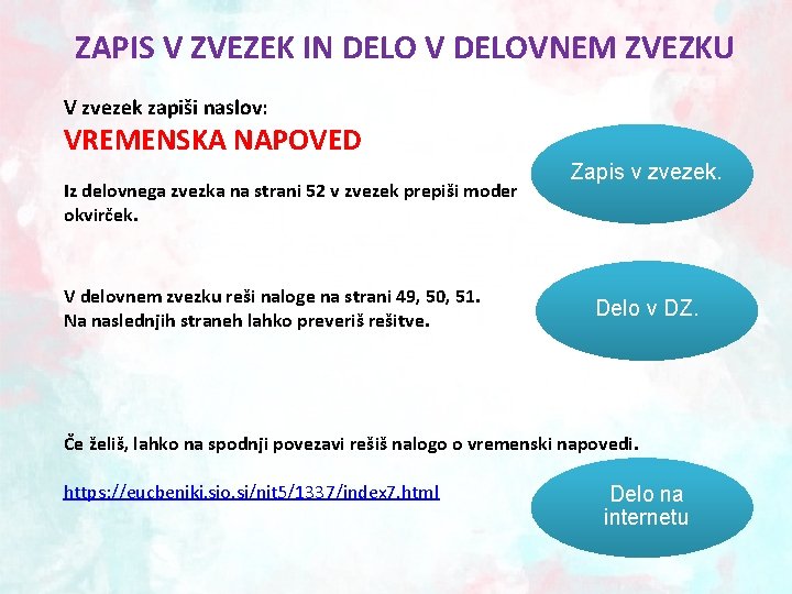 ZAPIS V ZVEZEK IN DELO V DELOVNEM ZVEZKU V zvezek zapiši naslov: VREMENSKA NAPOVED