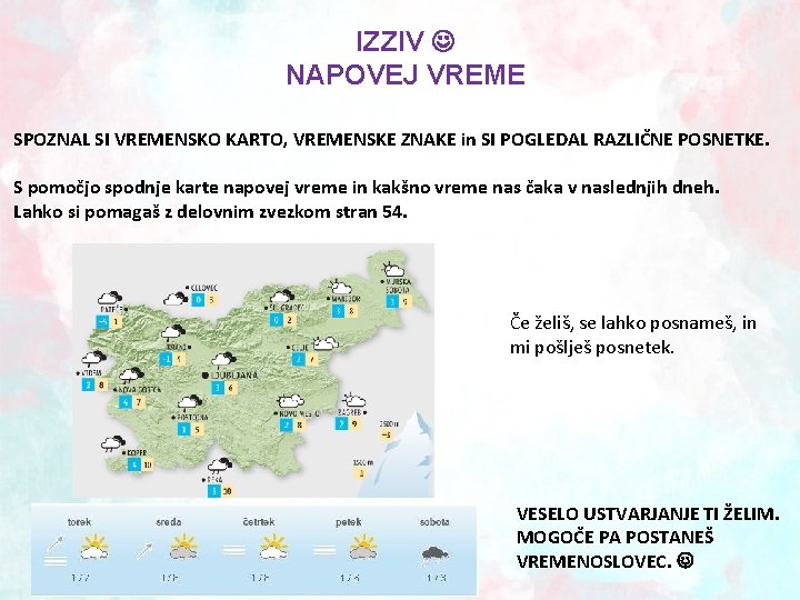 IZZIV NAPOVEJ VREME SPOZNAL SI VREMENSKO KARTO, VREMENSKE ZNAKE in SI POGLEDAL RAZLIČNE POSNETKE.