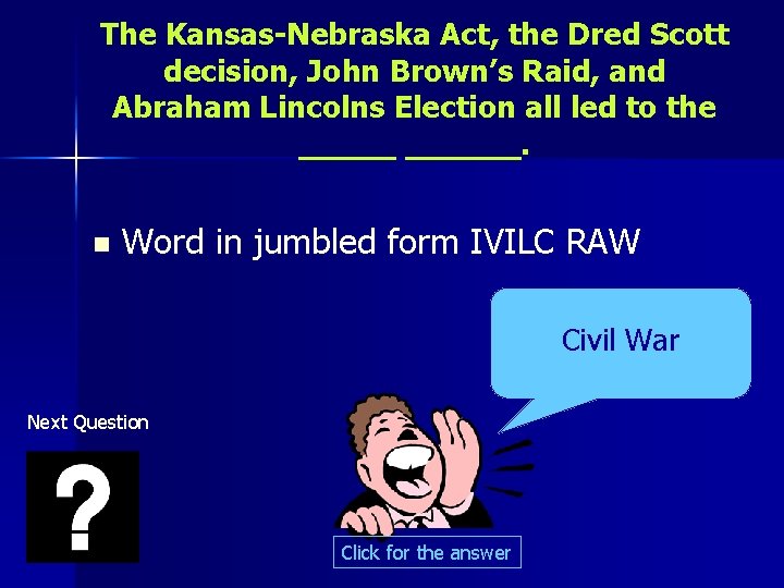 The Kansas-Nebraska Act, the Dred Scott decision, John Brown’s Raid, and Abraham Lincolns Election