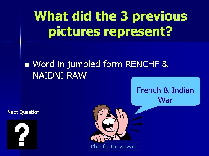 What did the 3 previous pictures represent? n Word in jumbled form RENCHF &