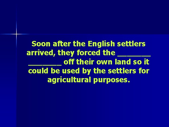 Soon after the English settlers arrived, they forced the _______ off their own land