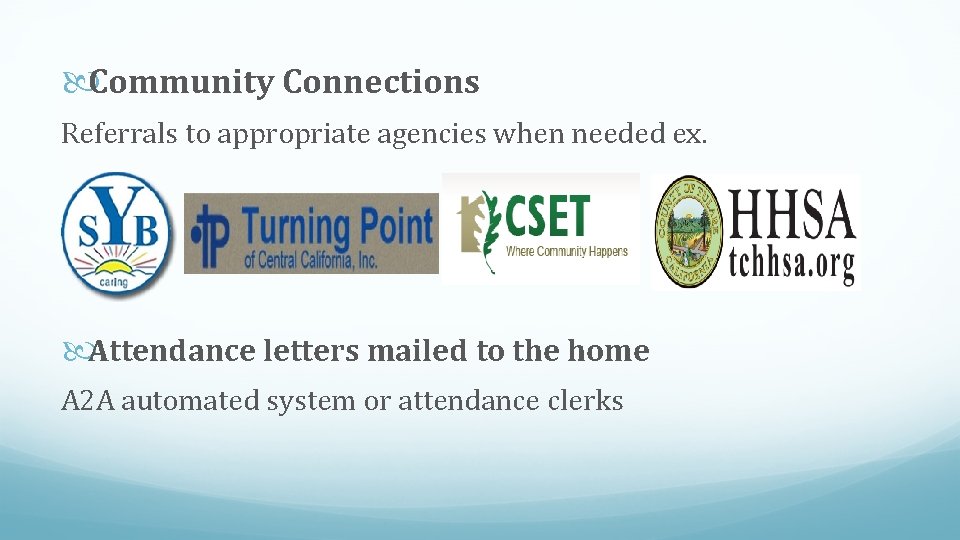  Community Connections Referrals to appropriate agencies when needed ex. Attendance letters mailed to
