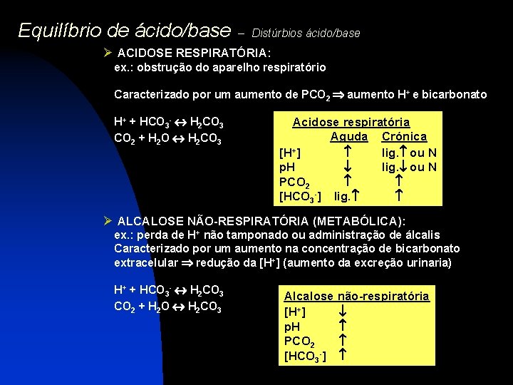 Equilíbrio de ácido/base – Distúrbios ácido/base Ø ACIDOSE RESPIRATÓRIA: ex. : obstrução do aparelho
