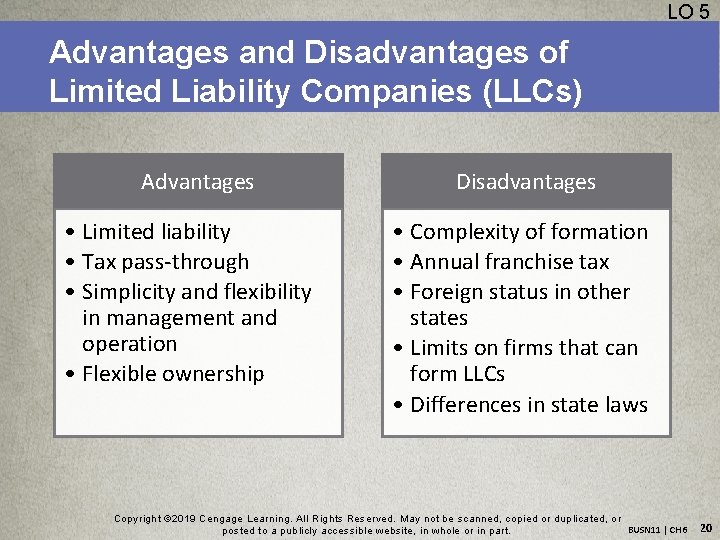 LO 5 Advantages and Disadvantages of Limited Liability Companies (LLCs) Advantages • Limited liability