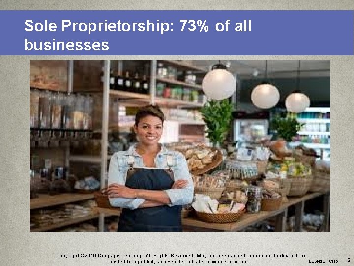 Sole Proprietorship: 73% of all businesses Copyright © 2019 Cengage Learning. All Rights Reserved.