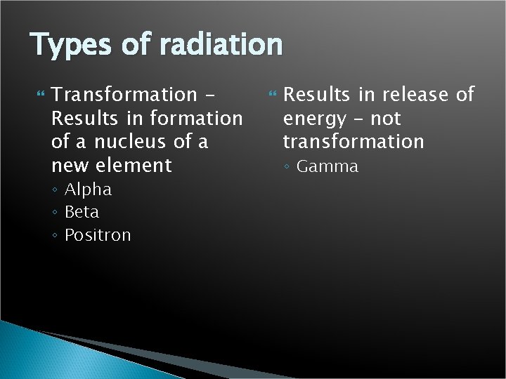 Types of radiation Transformation Results in formation of a nucleus of a new element