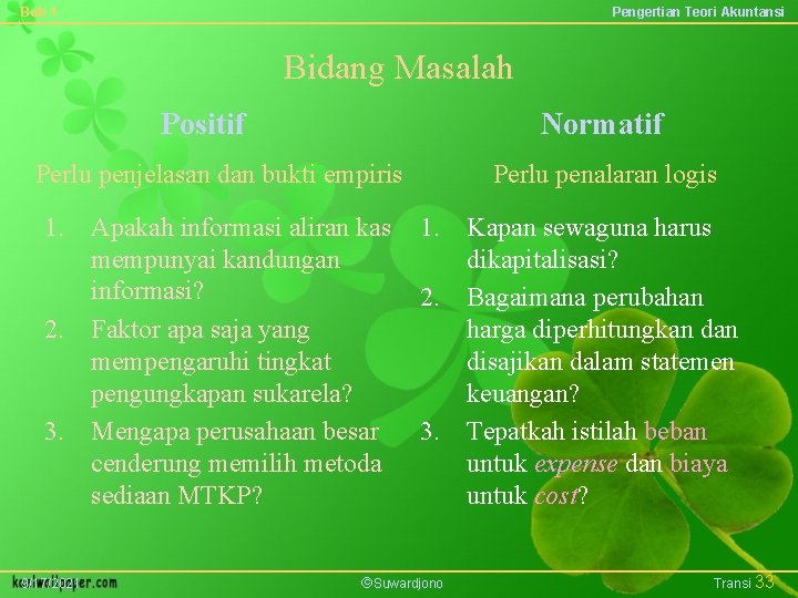 Bab 1 Pengertian Teori Akuntansi Bidang Masalah Positif Normatif Perlu penjelasan dan bukti empiris