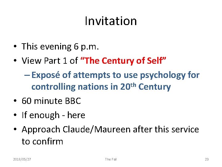 Invitation • This evening 6 p. m. • View Part 1 of “The Century