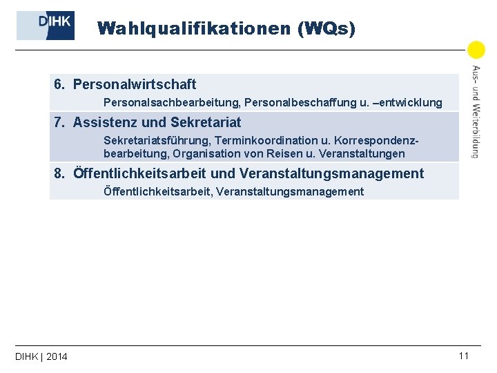 Wahlqualifikationen (WQs) 6. Personalwirtschaft Personalsachbearbeitung, Personalbeschaffung u. –entwicklung 7. Assistenz und Sekretariatsführung, Terminkoordination u.