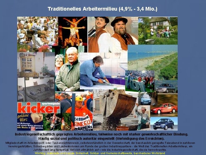 Traditionelles Arbeitermilieu (4, 9% - 3, 4 Mio. ) Industriegesellschaftlich geprägtes Arbeitermilieu, teilweise noch