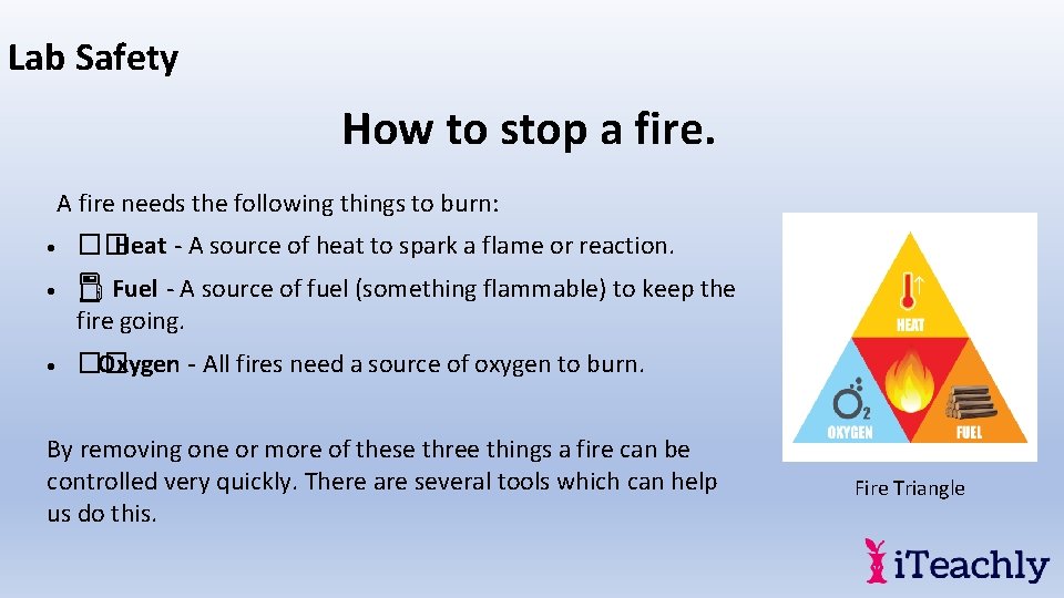 Lab Safety How to stop a fire. A fire needs the following things to