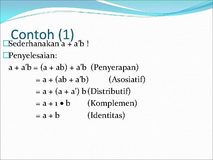 Contoh (1) �Sederhanakan a + a’b ! �Penyelesaian: a + a’b = (a +