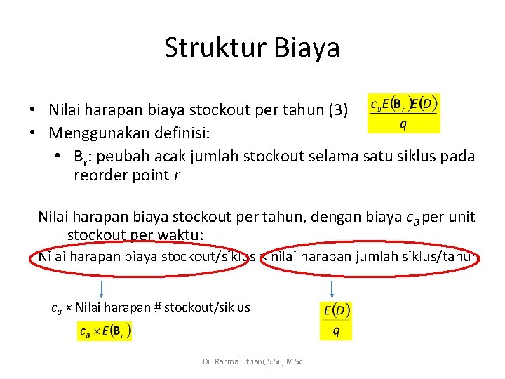 Struktur Biaya • Nilai harapan biaya stockout per tahun (3) • Menggunakan definisi: •