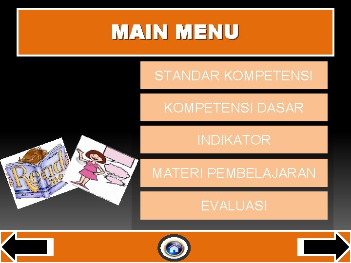 MAIN MENU STANDAR KOMPETENSI DASAR INDIKATOR MATERI PEMBELAJARAN EVALUASI 