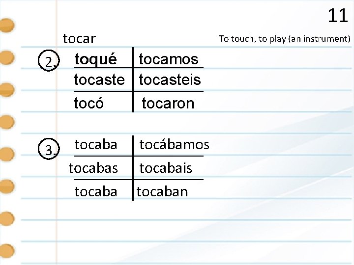 11 tocar 2. toqué tocamos tocasteis tocó tocaron 3. tocabas tocaba tocábamos tocabais tocaban