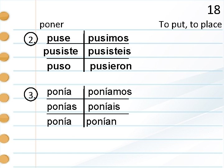 18 poner 2. puse pusiste puso 3. To put, to place pusimos pusisteis pusieron