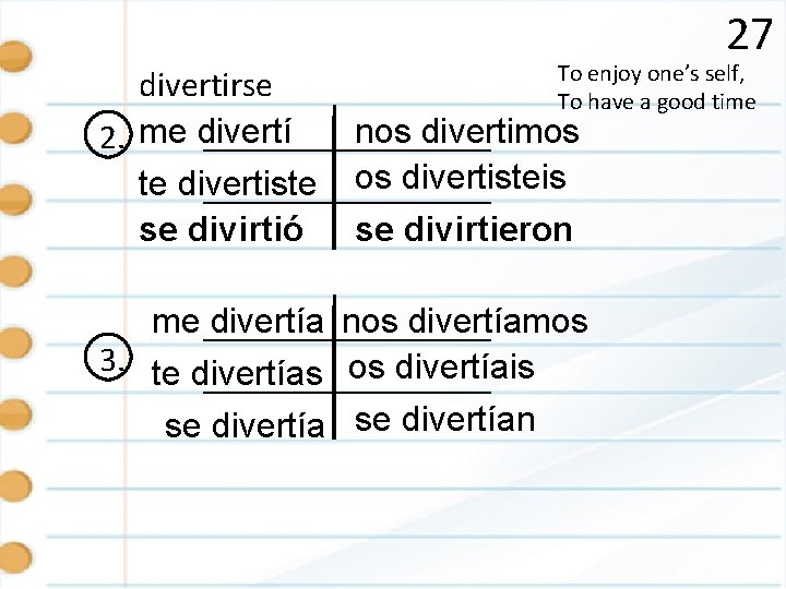 27 divertirse 2. me divertí te divertiste se divirtió To enjoy one’s self, To