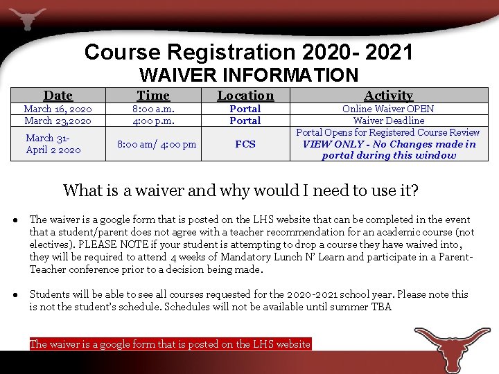 Course Registration 2020 - 2021 WAIVER INFORMATION Date Time Location Activity March 16, 2020