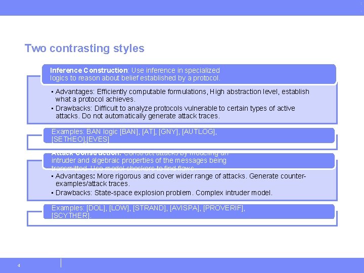 Two contrasting styles Inference Construction: Use inference in specialized logics to reason about belief