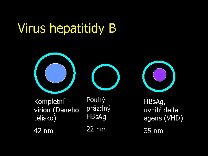 Virus hepatitidy B Kompletní virion (Daneho tělísko) Pouhý prázdný HBs. Ag, uvnitř delta agens