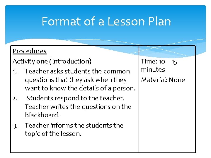 Format of a Lesson Plan Procedures Activity one (Introduction) Time: 10 – 15 minutes