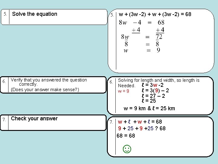 5. Solve the equation 5. w + (3 w -2) + w + (3