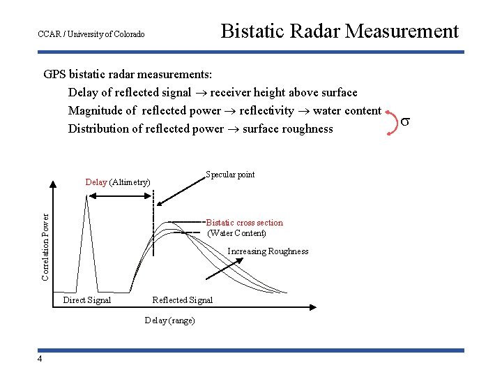 Bistatic Radar Measurement CCAR / University of Colorado GPS bistatic radar measurements: Delay of