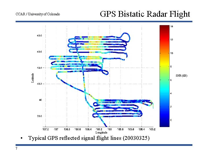 CCAR / University of Colorado GPS Bistatic Radar Flight Latitude Low altitude area SNR